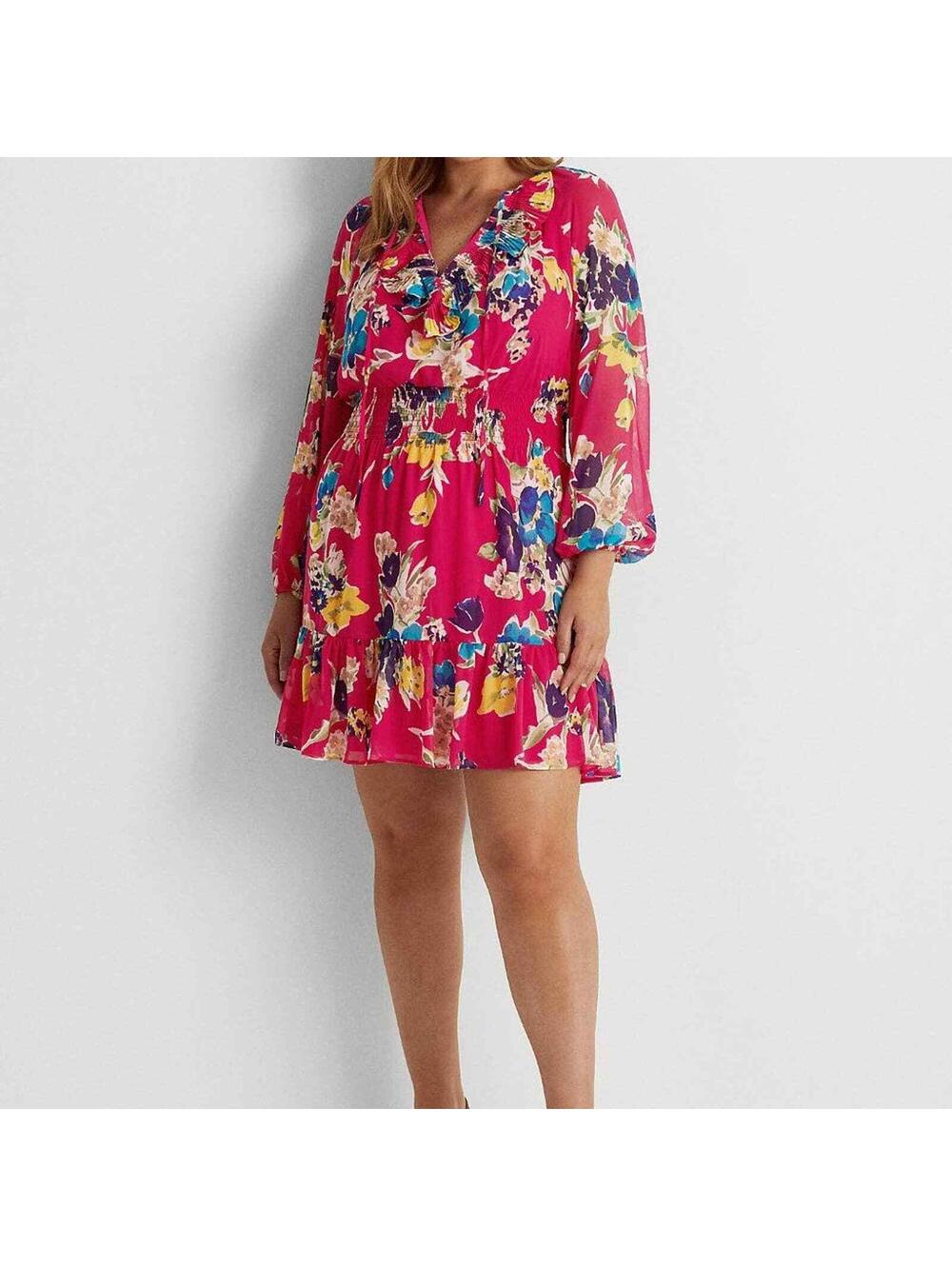NWT Lauren Ralph Lauren Floral Crinkle Georgette Long-Sleeve Dress Size 18
